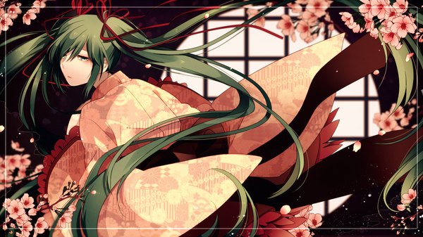 Anime picture 1280x719 with vocaloid hatsune miku yori (y rsy) single wide image twintails green eyes looking away very long hair traditional clothes japanese clothes green hair wide sleeves girl flower (flowers) ribbon (ribbons) hair ribbon petals