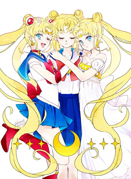 Anime picture 668x909 with bishoujo senshi sailor moon toei animation tsukino usagi sailor moon princess serenity yukinami (paru26i) tall image looking at viewer fringe breasts open mouth blonde hair smile standing twintails signed cleavage eyes closed very long hair head tilt