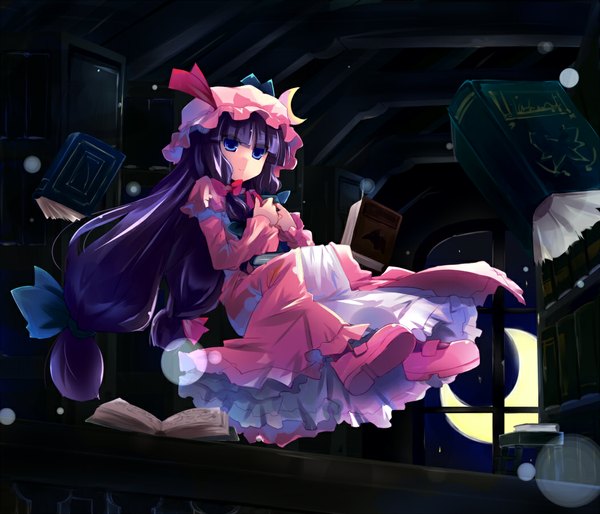 Anime picture 1050x900 with touhou patchouli knowledge shin (new) single long hair fringe blue eyes twintails purple hair full body indoors blunt bangs low twintails crescent weightlessness girl dress hat hairband book (books)