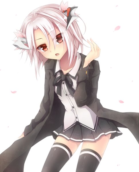 Anime picture 1011x1250 with original ouka september shintani tsushiya single tall image blush short hair open mouth simple background red eyes white background pink hair horn (horns) borrowed character girl thighhighs skirt black thighhighs miniskirt petals