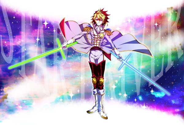 Anime picture 3561x2426 with star driver tsunashi takuto mino kasago single highres red eyes standing absurdres multicolored hair boy uniform weapon sword boots star (symbol) pants cloak