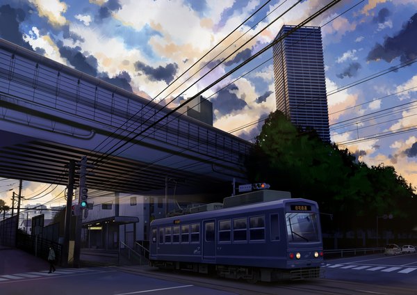 Anime picture 1753x1240 with original gensuke (ryun) highres black hair sky cloud (clouds) morning crosswalk girl plant (plants) tree (trees) building (buildings) ground vehicle car power lines road skyscraper traffic sign traffic lights tram