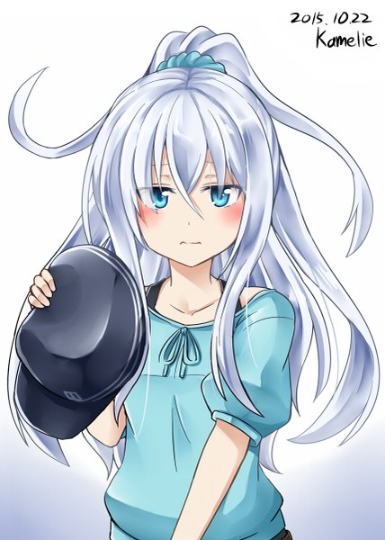Anime picture 857x1200 with kantai collection hibiki destroyer kamelie single long hair tall image looking at viewer blush fringe hair between eyes holding signed payot silver hair upper body ahoge ponytail aqua eyes short sleeves alternate costume