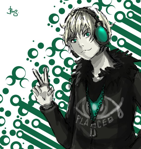 Anime picture 3433x3611 with fisheye placebo frey (fisheye placebo) bastet seimoore (artist) single tall image looking at viewer highres short hair smile green eyes absurdres white hair victory boy jacket headphones fur