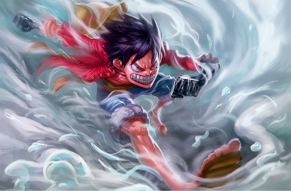Anime picture 1200x789 with one piece toei animation monkey d. luffy richy truong single short hair black hair signed looking away fighting stance steam clenched teeth running spoilers red skin boy hat shorts