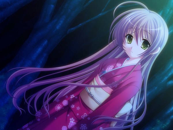 Anime picture 1600x1200 with tasogare no sinsemilla blonde hair game cg japanese clothes green hair girl kimono
