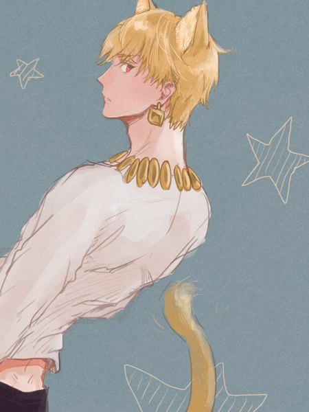 Anime picture 600x800 with fate (series) fate/grand order gilgamesh (fate) saryo single tall image looking at viewer short hair simple background blonde hair red eyes animal ears tail animal tail profile cat ears grey background cat tail boy earrings