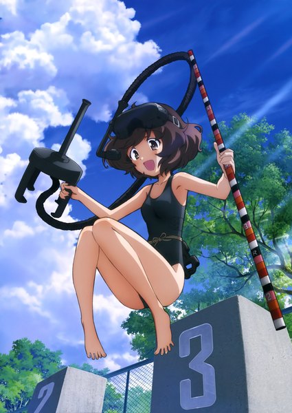 Anime picture 2892x4083 with girls und panzer akiyama yukari single tall image blush highres short hair open mouth black hair sky cloud (clouds) scan official art girl swimsuit one-piece swimsuit school swimsuit diving mask