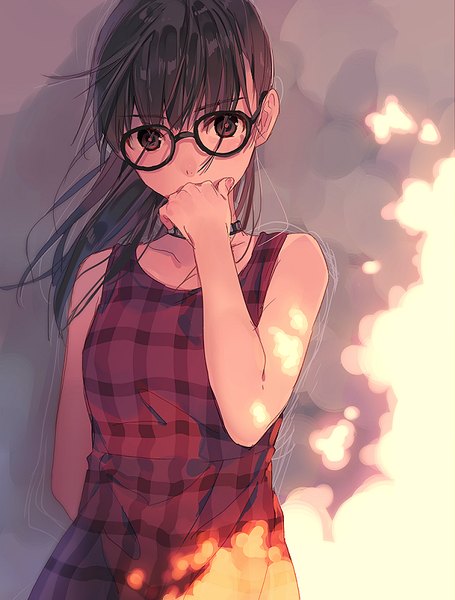 Anime picture 617x814 with original natsu natsuna single long hair tall image looking at viewer brown hair ponytail sunlight arm behind back hand to mouth plaid girl dress choker glasses wall plaid dress