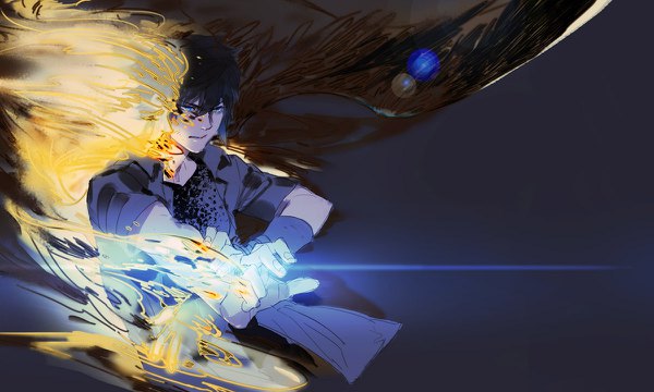 Anime picture 1200x720 with final fantasy final fantasy xv square enix noctis lucis caelum 111111111 (leiyao) short hair blue eyes black hair wide image short sleeves lens flare dark background glow holding arm girl boy shirt wings flame