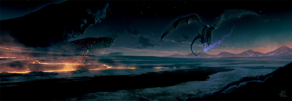 Anime picture 1400x487 with original mocha (cotton) open mouth wide image signed cloud (clouds) tail night night sky glowing mountain glowing eye (eyes) flying no people fantasy rock lava wings star (stars) dragon