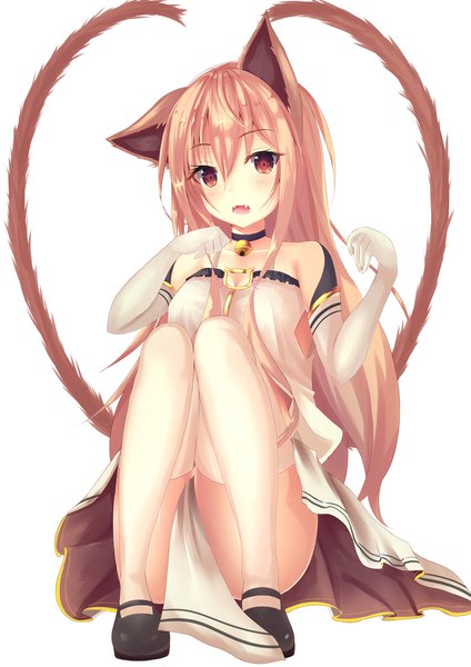 Anime picture 1400x1980 with original saku kn single long hair tall image looking at viewer blush fringe open mouth light erotic hair between eyes white background animal ears tail animal tail cat ears cat girl cat tail fang (fangs) multiple tails