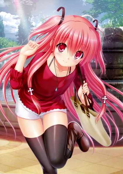 Anime picture 4550x6475 with angel beats! key (studio) yui (angel beats!) na-ga single long hair tall image looking at viewer blush fringe highres short hair smile hair between eyes red eyes standing holding pink hair absurdres sky