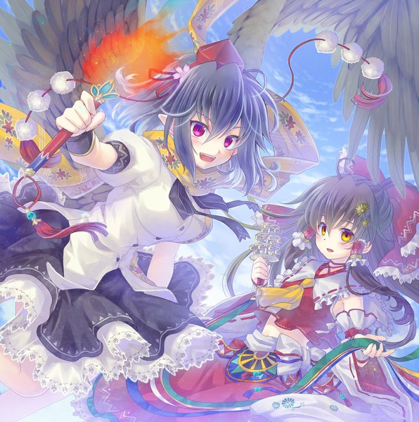 Anime picture 1000x1008 with touhou hakurei reimu shameimaru aya soukuu kizuna long hair tall image looking at viewer blush short hair open mouth black hair red eyes multiple girls yellow eyes girl dress ribbon (ribbons) 2 girls detached sleeves wings