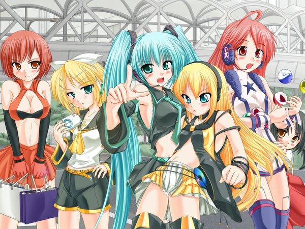 Anime picture 1024x768 with vocaloid hatsune miku kagamine rin meiko lily (vocaloid) miki (vocaloid) kaai yuki long hair blush short hair black hair blonde hair red eyes twintails multiple girls green eyes pink hair ahoge red hair orange eyes