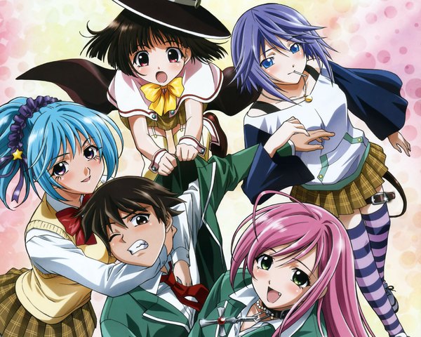 Anime picture 1958x1567 with rosario+vampire akashiya moka shirayuki mizore kurono kurumu sendo yukari aono tsukune long hair highres blue hair pink hair purple hair thighhighs