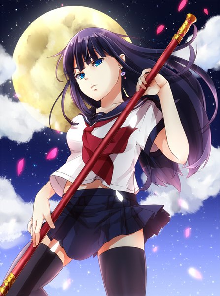 Anime picture 784x1051 with original ichirun single long hair tall image looking at viewer fringe blue eyes holding sky purple hair eyes closed wind night zettai ryouiki girl thighhighs black thighhighs earrings petals
