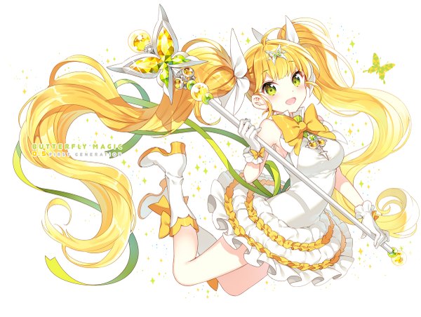Anime picture 1200x905 with original nardack single looking at viewer blush fringe open mouth blonde hair twintails holding green eyes bent knee (knees) very long hair inscription jumping shiny girl dress gloves hair ornament
