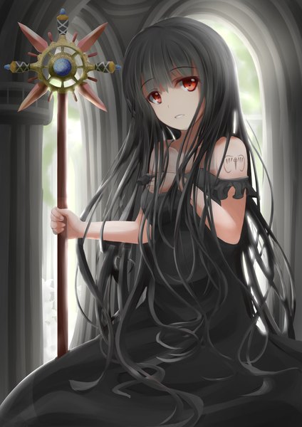 Anime picture 900x1273 with original koroneko single long hair tall image looking at viewer black hair smile red eyes bare shoulders tattoo girl dress window black dress staff