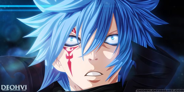 Anime picture 3000x1500 with fairy tail jellal fernandes deohvi single highres short hair blue eyes wide image blue hair tattoo coloring facial mark close-up face boy cloak