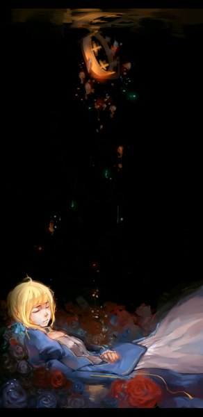 Anime picture 750x1539 with fate (series) fate/stay night studio deen type-moon artoria pendragon (all) saber xiayu93 single long hair tall image fringe blonde hair lying eyes closed on back dark background underwater girl dress flower (flowers)