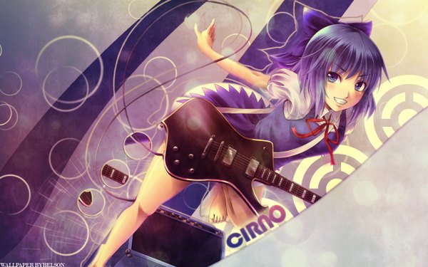 Anime picture 1280x800 with touhou cirno wide image blue hair girl bow hair bow musical instrument guitar