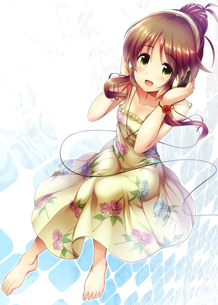 Anime picture 666x932 with idolmaster idolmaster cinderella girls takamori aiko ment single tall image looking at viewer blush fringe breasts open mouth smile brown hair bare shoulders green eyes payot ahoge bent knee (knees) :d barefoot