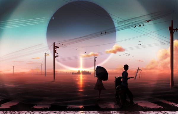 Anime picture 1400x900 with original kijineko standing sky cloud (clouds) sunlight lens flare sunbeam silhouette morning sunrise girl dress boy animal bird (birds) umbrella ground vehicle planet power lines