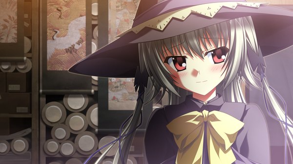 Anime picture 1280x720 with supipara kamishiro alice nanao naru long hair blush red eyes wide image twintails game cg silver hair girl ribbon (ribbons) hair ribbon bowtie witch hat