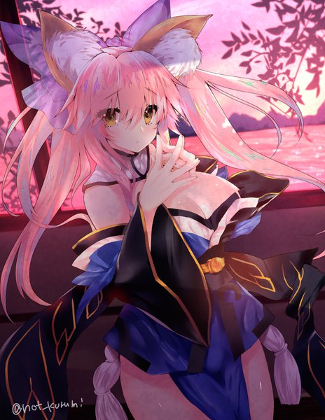 Anime picture 1392x1800 with fate (series) fate/grand order fate/extra tamamo (fate) (all) tamamo no mae (fate) noto kurumi single long hair tall image looking at viewer blush fringe breasts light erotic hair between eyes large breasts signed animal ears yellow eyes pink hair