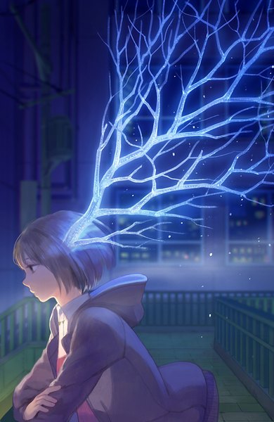 Anime picture 650x1000 with original hiko (scape) single tall image fringe short hair brown hair brown eyes looking away outdoors long sleeves profile horn (horns) glow girl hood building (buildings)