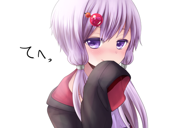 Anime picture 1000x707 with vocaloid yuzuki yukari as (niconico) single long hair looking at viewer blush fringe simple background twintails purple eyes purple hair long sleeves grey background low twintails close-up girl hair ornament hairclip hood