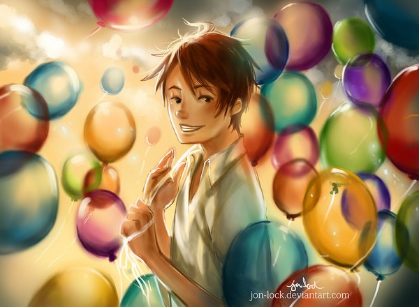 Anime picture 1024x751 with original jon-lock (artist) single looking at viewer short hair smile brown hair sunlight boy shirt white shirt balloon