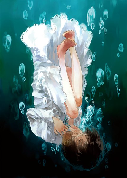 Anime picture 765x1073 with original moekon single tall image short hair brown hair eyes closed barefoot underwater upside down falling girl dress white dress bubble (bubbles)