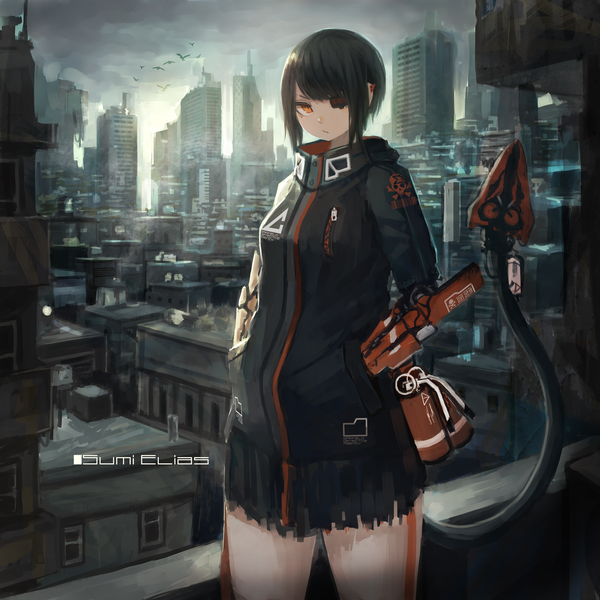 Anime picture 2000x2000 with original sumi elias kasagarasu single looking at viewer fringe highres short hair black hair standing signed payot tail blunt bangs head tilt one eye closed bare legs orange eyes text city
