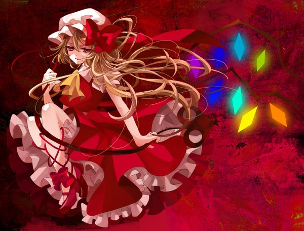 Anime picture 1304x992 with touhou flandre scarlet imknp (artist) single long hair red eyes brown hair grin evil grin girl dress bow weapon wings bonnet red dress laevatein (touhou)