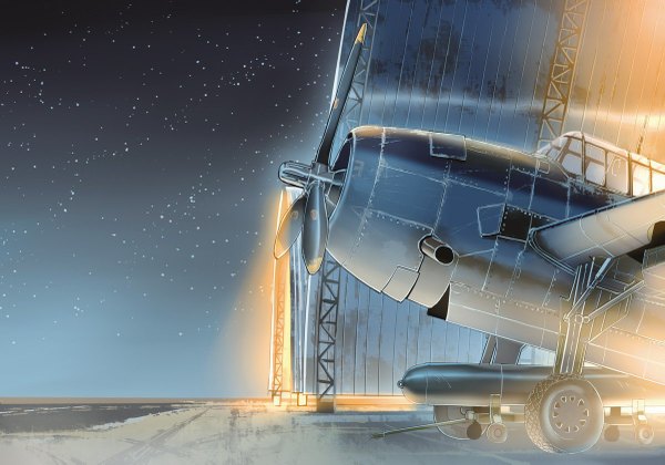 Anime picture 1200x841 with original siqi (miharuu) sky outdoors night night sky light horizon no people star (stars) aircraft airplane torpedo explosives bomb hangar