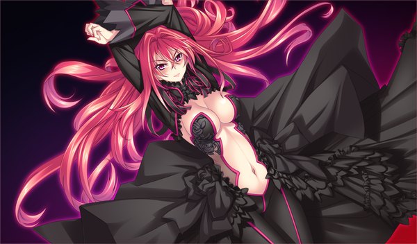 Anime picture 1084x636 with sousouki reginald corticarte reichstein long hair breasts light erotic red eyes wide image game cg red hair arms up girl dress navel frills