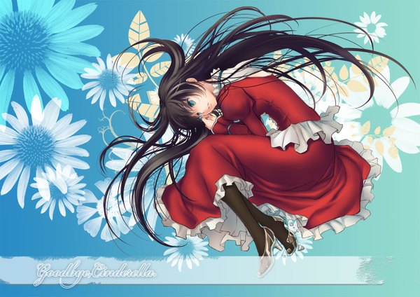 Anime picture 1447x1023 with original nacht single long hair black hair green eyes lying blue background girl dress flower (flowers)