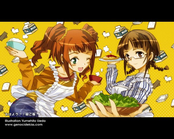 Anime picture 1280x1024 with idolmaster takatsuki yayoi akizuki ritsuko ueda yumehito cooking apron