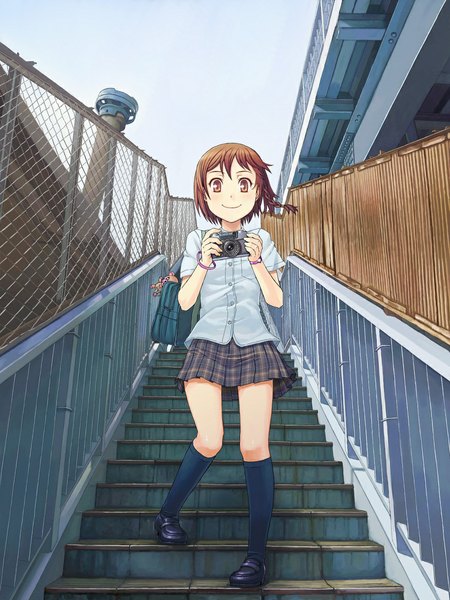 Anime picture 850x1133 with original itou (onsoku tassha) single tall image looking at viewer short hair smile brown hair brown eyes braid (braids) from below plaid skirt girl skirt uniform school uniform school bag stairs camera