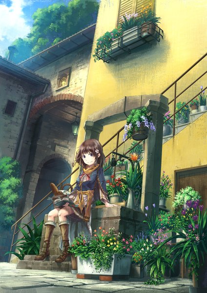 Anime picture 1390x1969 with original eighbee single tall image looking at viewer short hair blue eyes smile brown hair sitting hair flower girl skirt hair ornament flower (flowers) ribbon (ribbons) boots scarf leaf (leaves) house