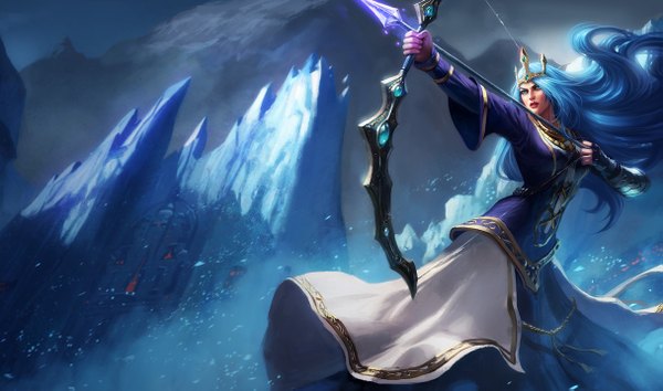 Anime picture 1215x717 with league of legends ashe (league of legends) single long hair blue eyes wide image blue hair looking away snowing looking up winter blue background snow mountain shot girl dress bow weapon crown