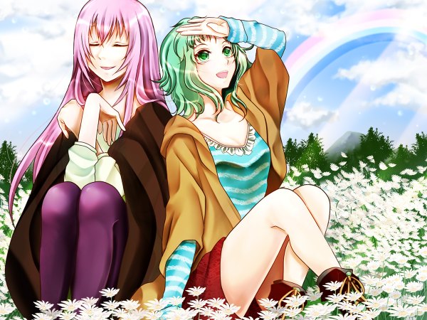 Anime picture 1200x900 with vocaloid megurine luka gumi yuri chikao long hair fringe short hair open mouth smile hair between eyes sitting multiple girls green eyes pink hair sky cleavage cloud (clouds) eyes closed green hair looking up