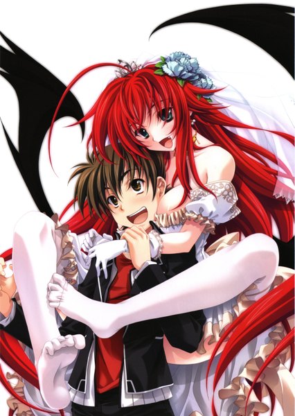 Anime picture 4309x6069 with highschool dxd rias gremory hyoudou issei miyama zero long hair tall image highres short hair open mouth blue eyes black hair simple background white background brown eyes absurdres ahoge red hair scan official art teeth