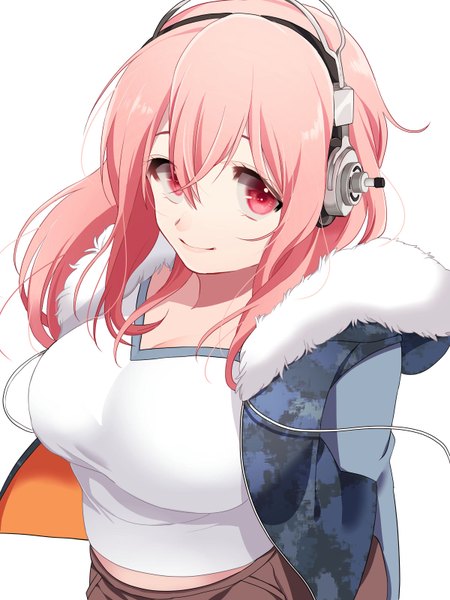 Anime picture 1200x1600 with nitroplus super sonico mihatarou single long hair tall image breasts simple background smile large breasts white background pink hair pink eyes open clothes open jacket girl jacket headphones