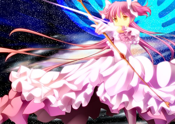 Anime picture 1500x1061 with mahou shoujo madoka magica shaft (studio) kaname madoka onaka sukisuki single long hair yellow eyes pink hair space girl dress gloves bow (weapon)