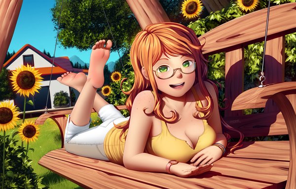 Anime picture 1920x1226 with original dfer single long hair looking at viewer blush highres open mouth smile green eyes barefoot orange hair legs girl flower (flowers) glasses sunflower
