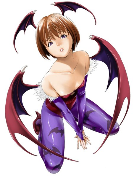 Anime picture 1000x1322 with quiz magic academy vampire / darkstalkers (game) capcom lilith aensland yuu (quiz magic academy) hakaba (dairiseki) single tall image looking at viewer short hair light erotic simple background brown hair white background purple eyes bare shoulders cosplay bat wings head wings girl