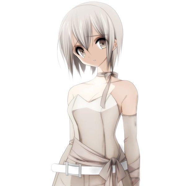 Anime picture 2220x2220 with original mio yanagihara single looking at viewer fringe highres short hair simple background hair between eyes white background bare shoulders cleavage silver hair upper body head tilt :o grey eyes girl belt teardrop